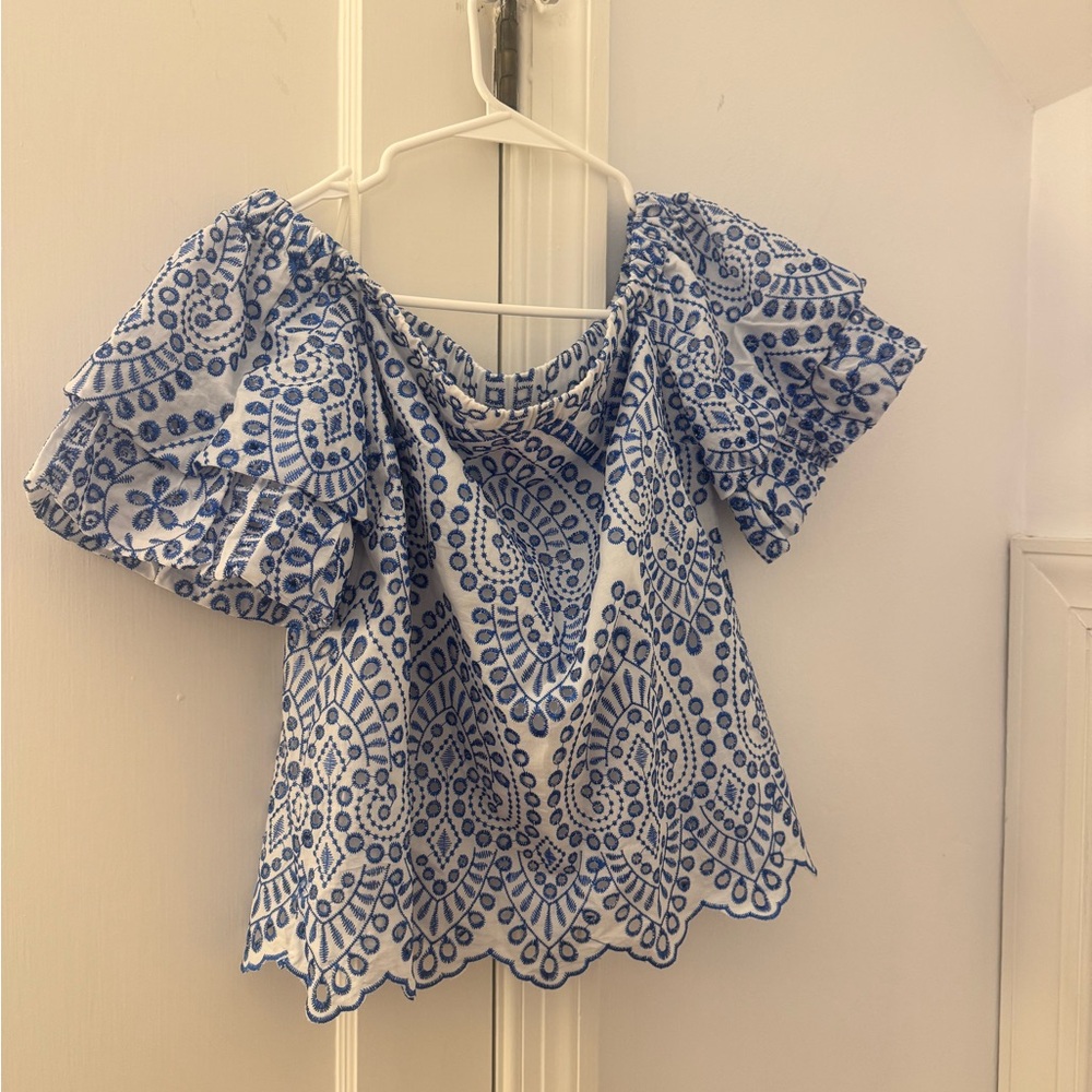 Lilly Pulitzer White Off-Shoulder Top with Blue Embroidery